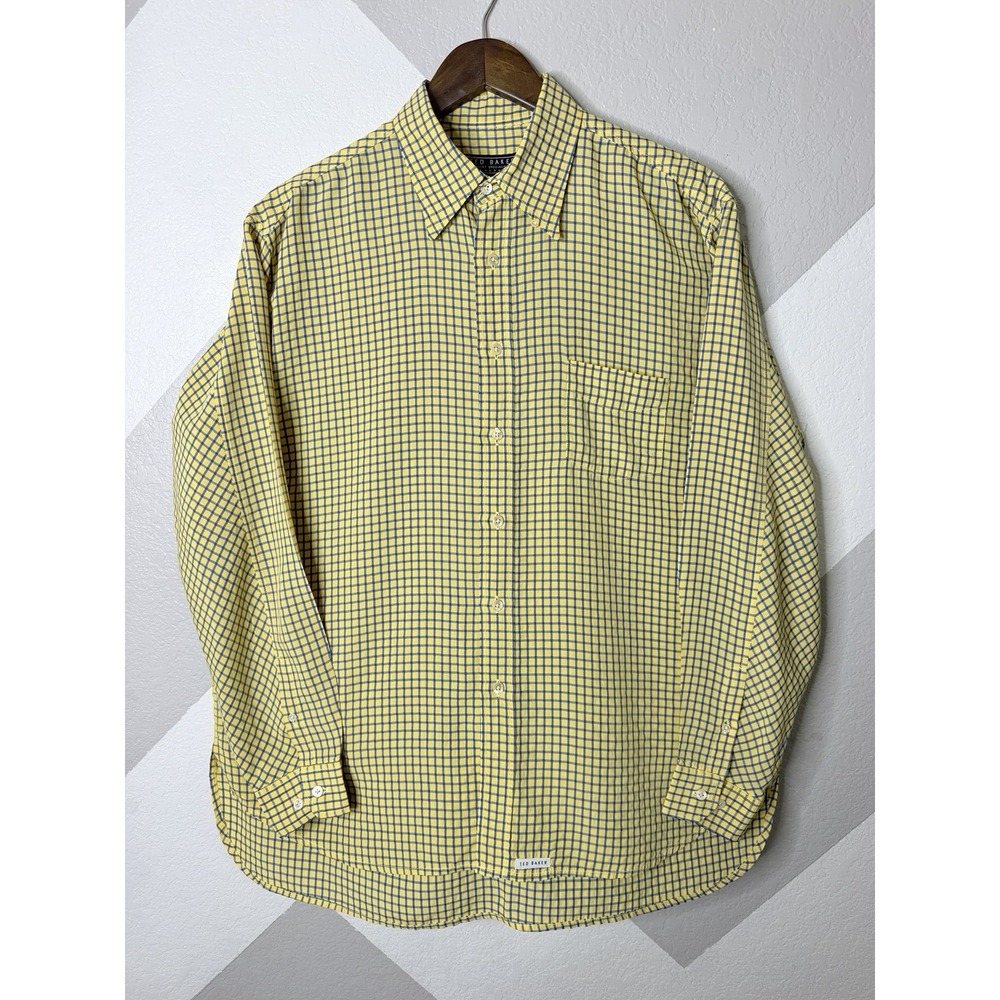 Vintage Ted Baker Shirt Specialist London Mens 4 Yellow Blue Check Button Up XL - Picture 3 of 16